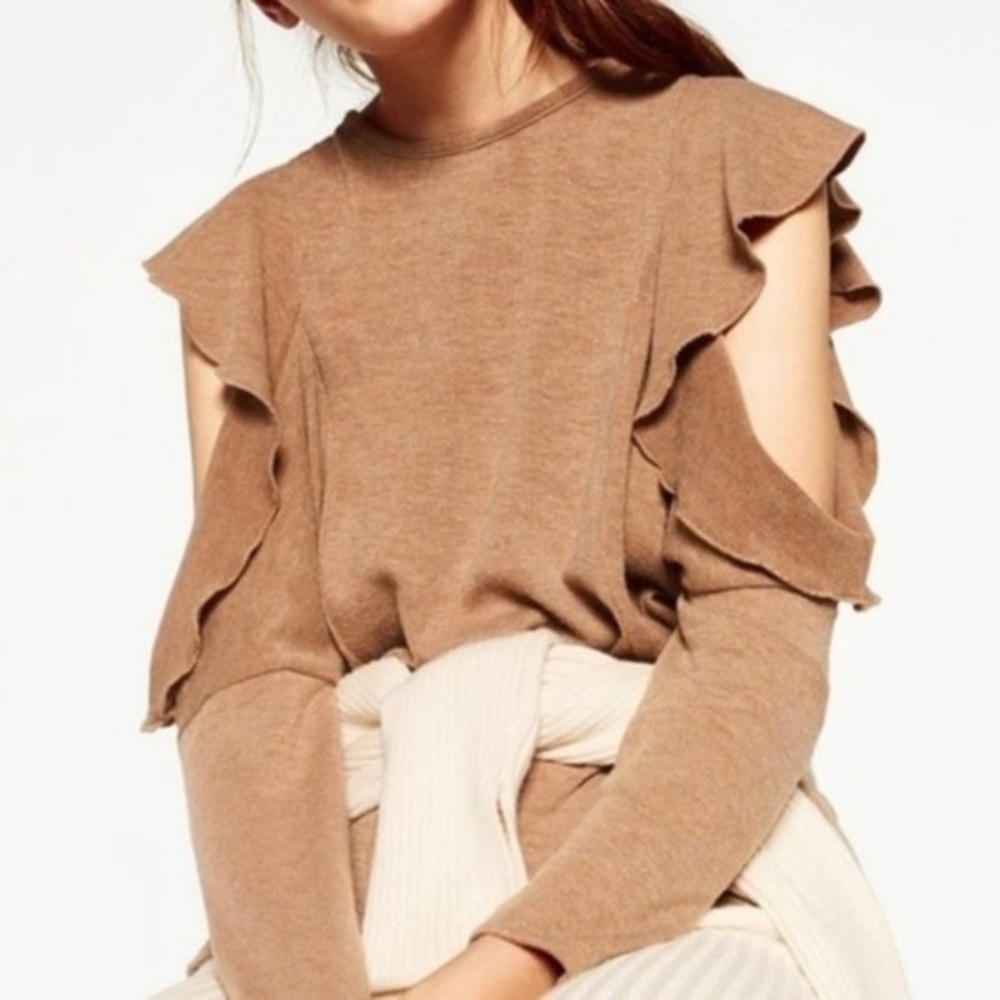 Zara Tan Ruffle-Sleeve Cold Shoulder Sweater Size Small